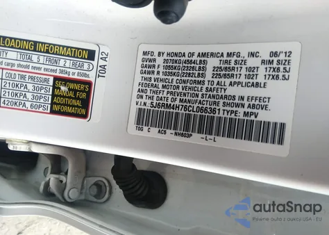 2012 Honda Cr-V Ex-L из США, поврежденный, VIN 5J6RM4H76CL066361